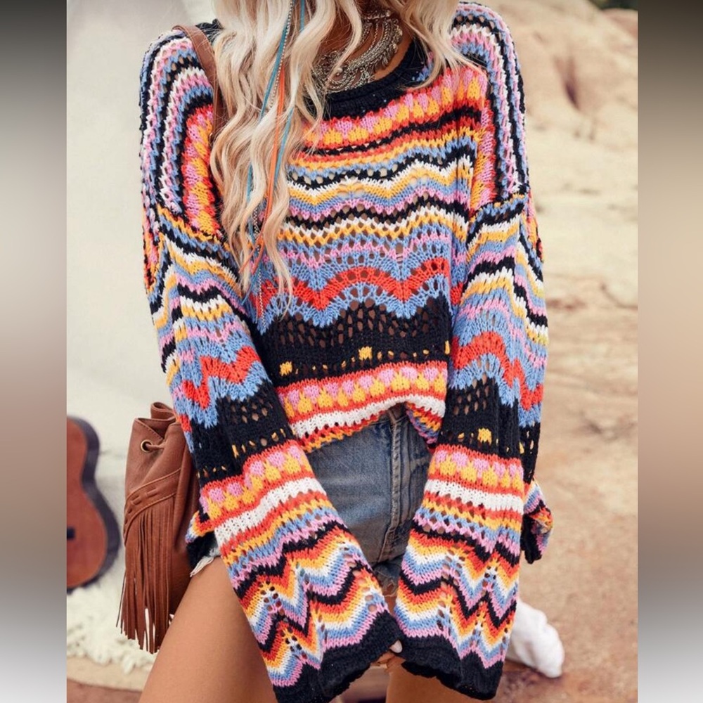 WILA Multicolor Zigzag Crochet Knit Sweater - Black, Pink, Blue, Yellow - Picture 4 of 4